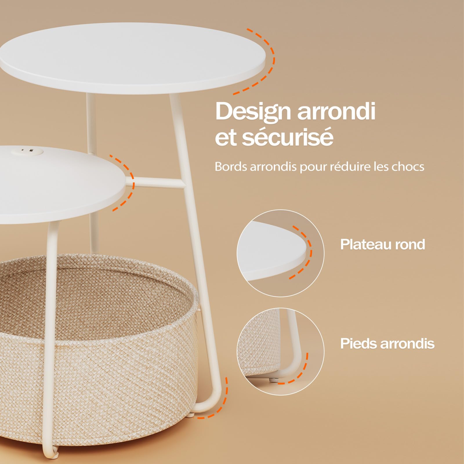 Rolanstar Table d’Appoint Ronde à 2 Plateaux Décalés, Table de Bout Empilable Moderne avec Panier de Rangement en Tissu, Table d’Accent Gain de Place pour Salon et Chambre, Blanc