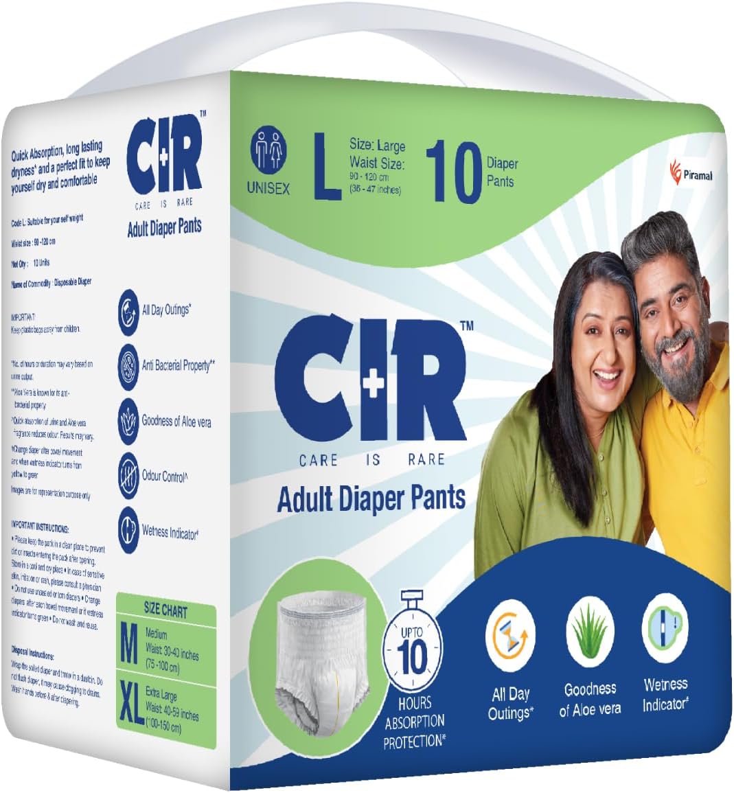 CIR Adult Diaper Pants, Large (90-120cm I 35" - 47") I Unisex with Wetness Indicator I Odour Control I 10 hr Absorption-Protection I Goodness of Aloe Vera I 10 Units