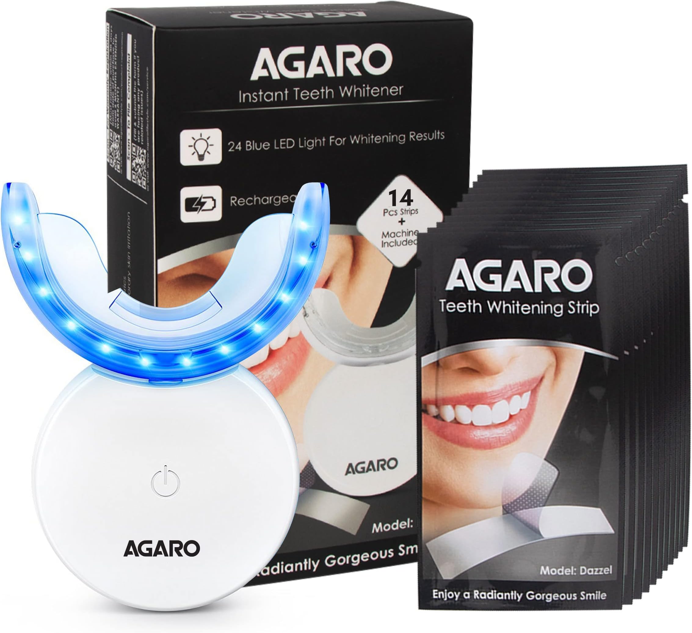 Dazzle Instant Teeth Whitening Kit with 14 Pcs Strips, Manual Dental Whitening Kit for adults, Oral Care, 24 Blue LED Light, Rechargeable, Removes Teeth Stains, Non Sensitive, Gentle & Safe