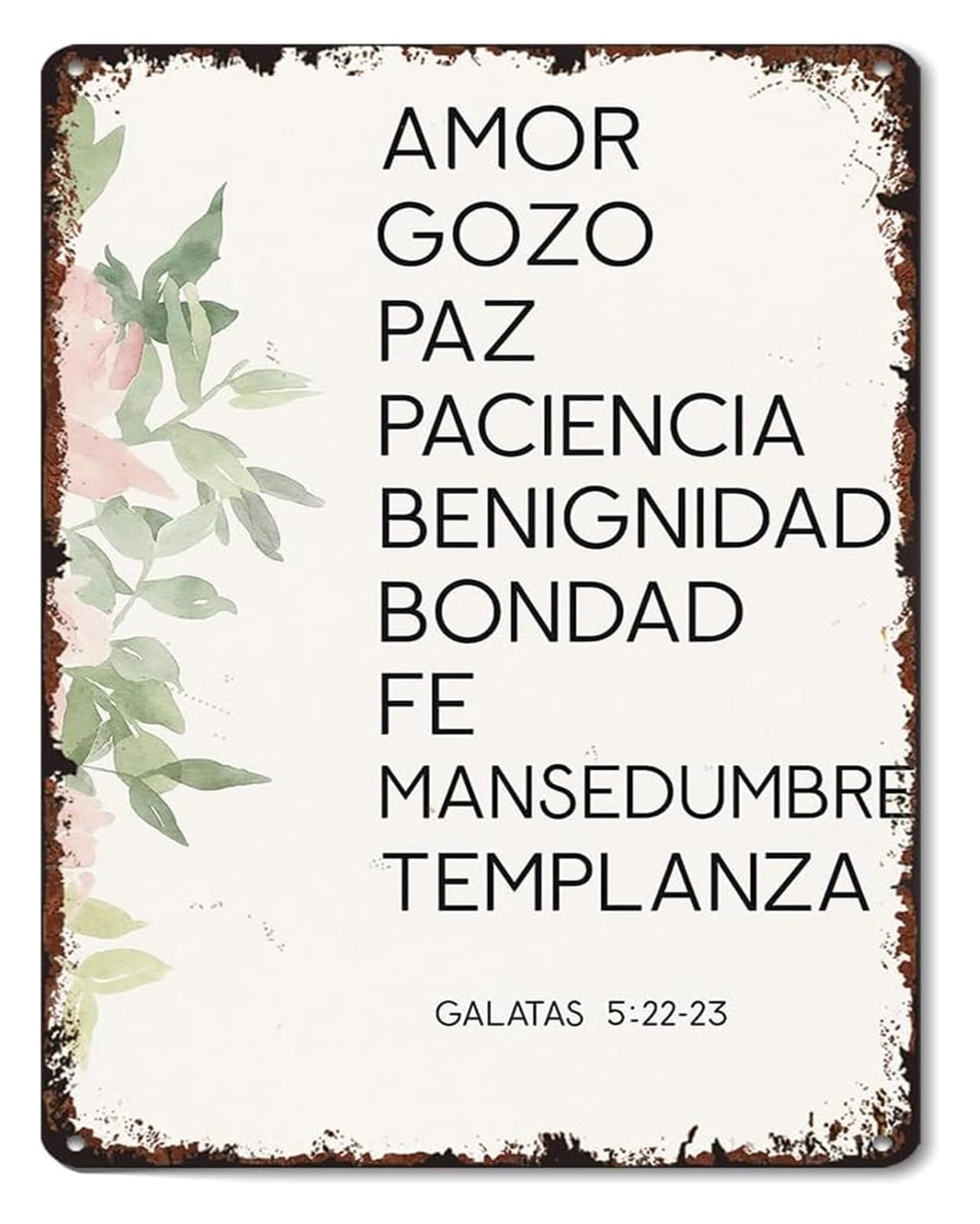 NWPNLXEA Rustic Metal Tin Sign Spanish Christian Quote Galatians 5 23 Vine Pattern Wall Poster for Porch Sunroom Decor 8 X 12 inch