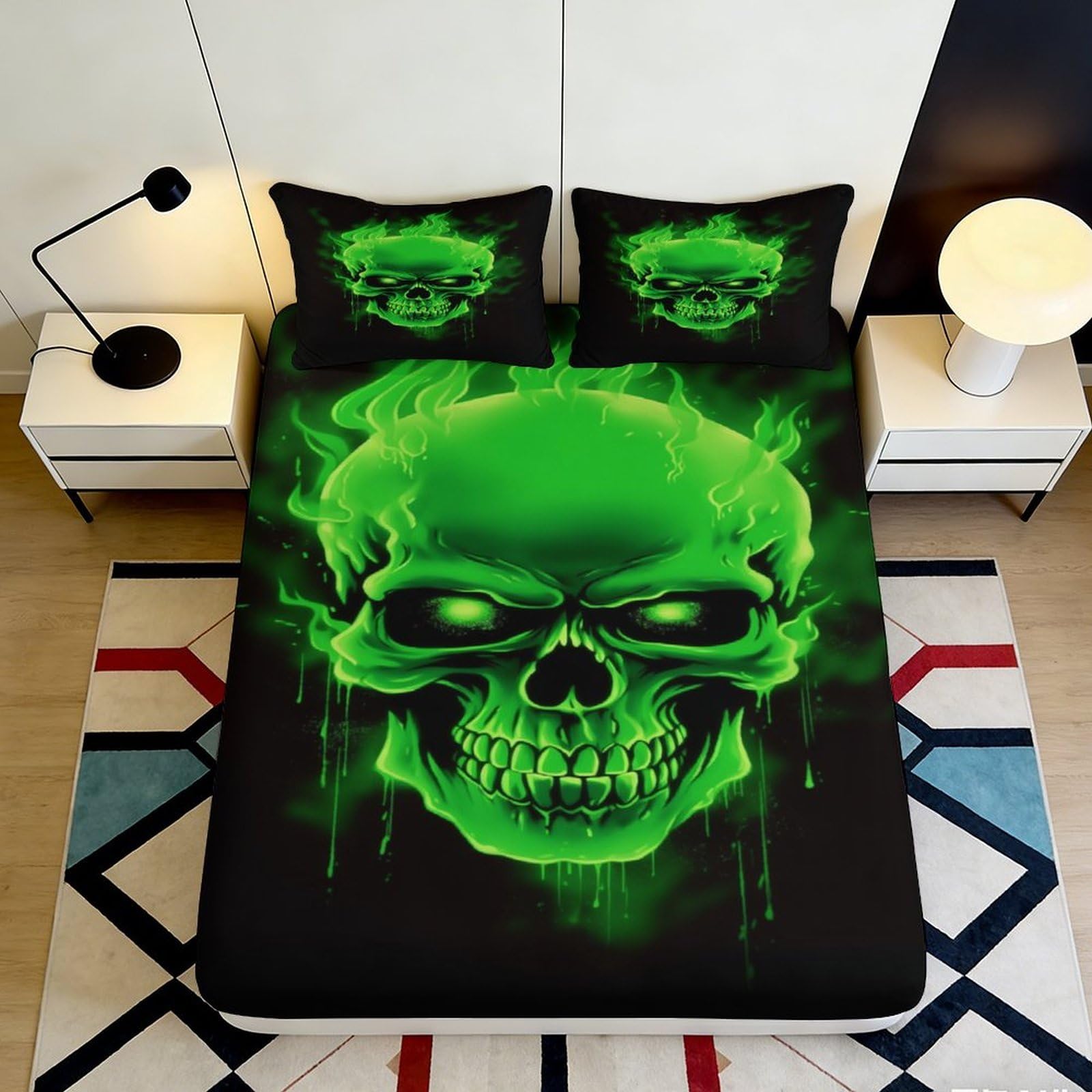 3D Printed Green Flaming Skull Fitted Sheet Microfiber Soft Breathable Burning Skull Mattress Cover for Bedroom Dorm Decor 140x200x25cm