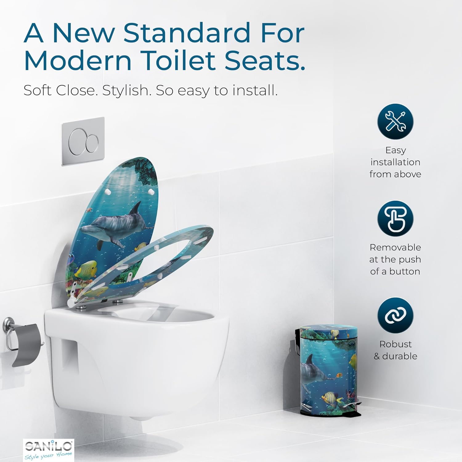 sanilo wooden toilet seat with quick release & soft close [elongated] decorative & slow close molded wood seat - with one click for easy installation & cleaning - with adjustable fit (dolphin)