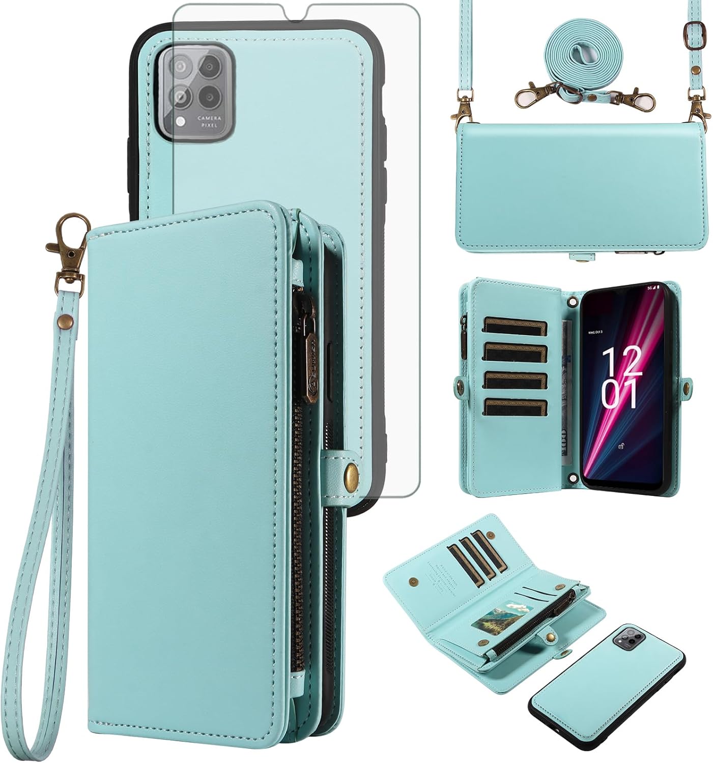 Phone Case for T-Mobile Revvl 6 Pro/6X Pro 5G Zipper Wallet Detachable Cell Cover with Screen Protector Crossbody Lanyard Strap Flip Card Holder Slot Tmobile Revel X Tmo Revell Rebel TCL Green