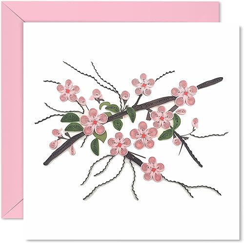 Tarjeta de felicitación japonesa de flor de durazno  Feliz año nuevo 3D Quilling Card Flower  Papel hecho a mano  Tarjeta de felicitación de diseño
