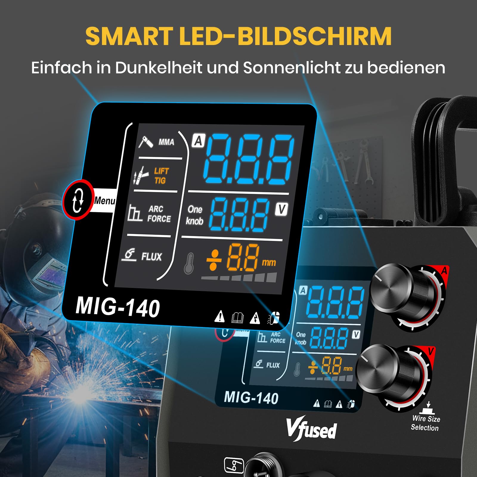 140A MIG Schweißgerät 3 in 1 Fülldraht ohne Gas MMA WIG IGBT Inverter mit Synergischem Drahtvorschub für Autoauspuff Karosserieblech Zaunbau Hausreparaturen für Anfänger & Hobby