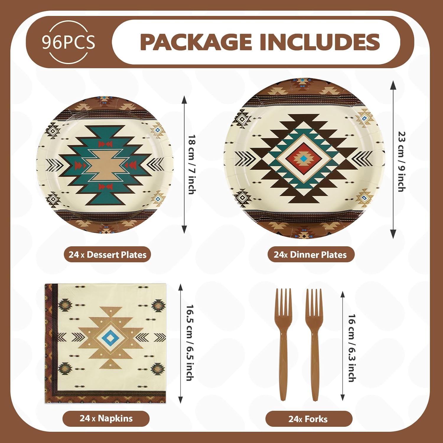 96Pcs Western Aztec Decorations Mexican Geometric Brown Plates and Napkins Native American Decorations Favors for Mexican Theme Vintage Birthday Baby Shower Dinner Party Supplies Serves 24