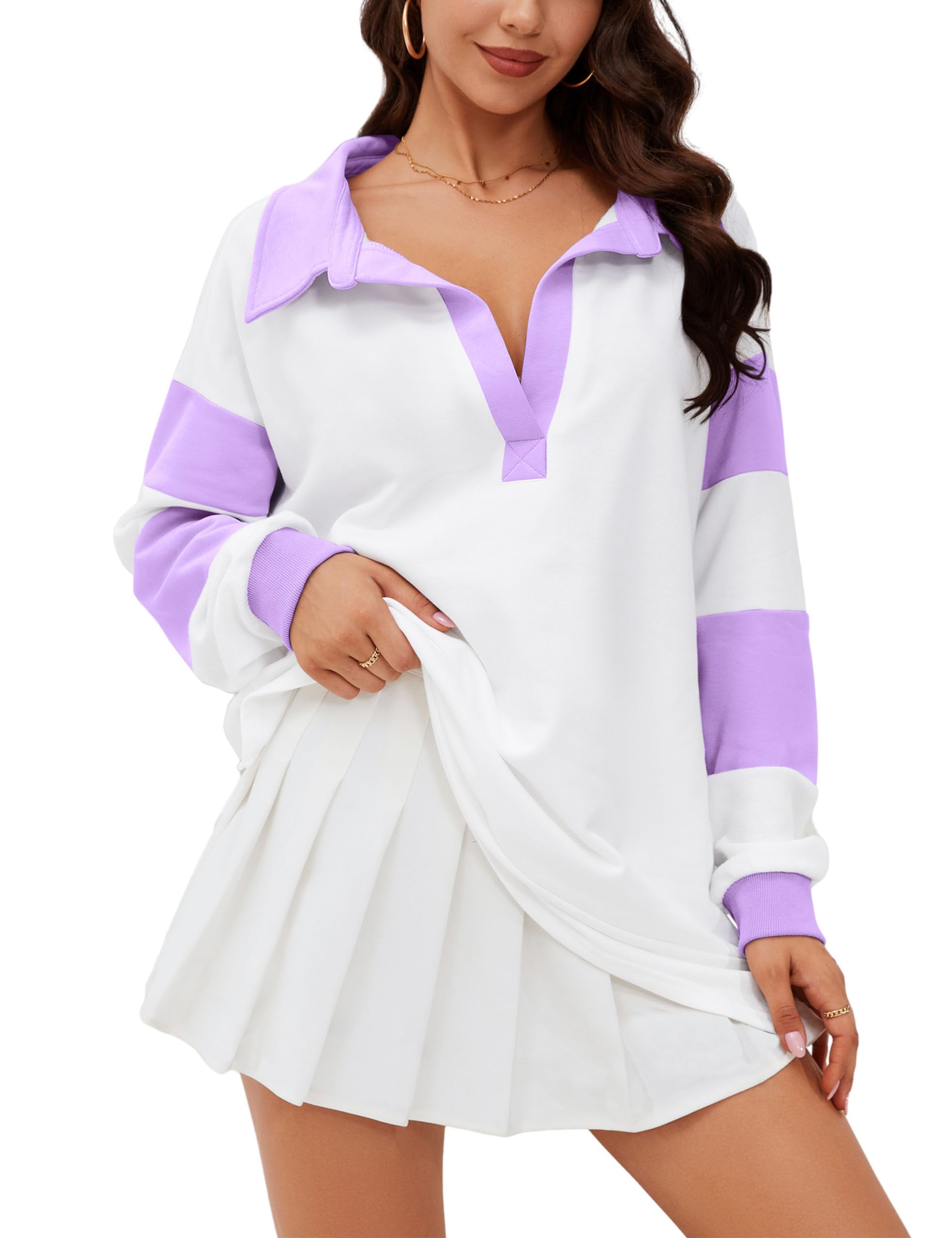 SAFRISIORWomen Oversized Color Block Sweatshirt Long Sleeve V Neck Lapel Collared Polo Shirts Pullover Patchwork Jumper