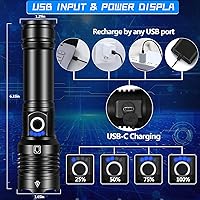 Vista 3 de Linternas LED de alto lúmenes recargables, 5000 lúmenes XHP50 linterna súper brillante, luz de flash de alta potencia, 5 modos de luz, linterna