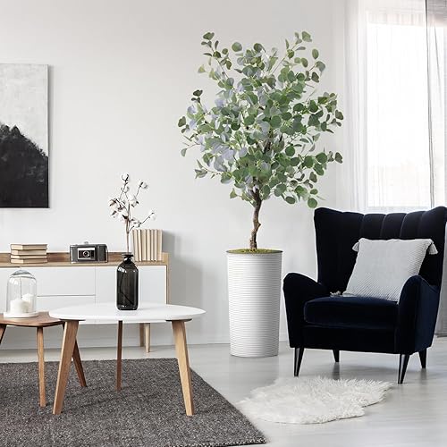 Árbol artificial en macetero minimalista moderno con textura blanca, eucalipto falso de seda para decoración del hogar en interiores y exteriores,