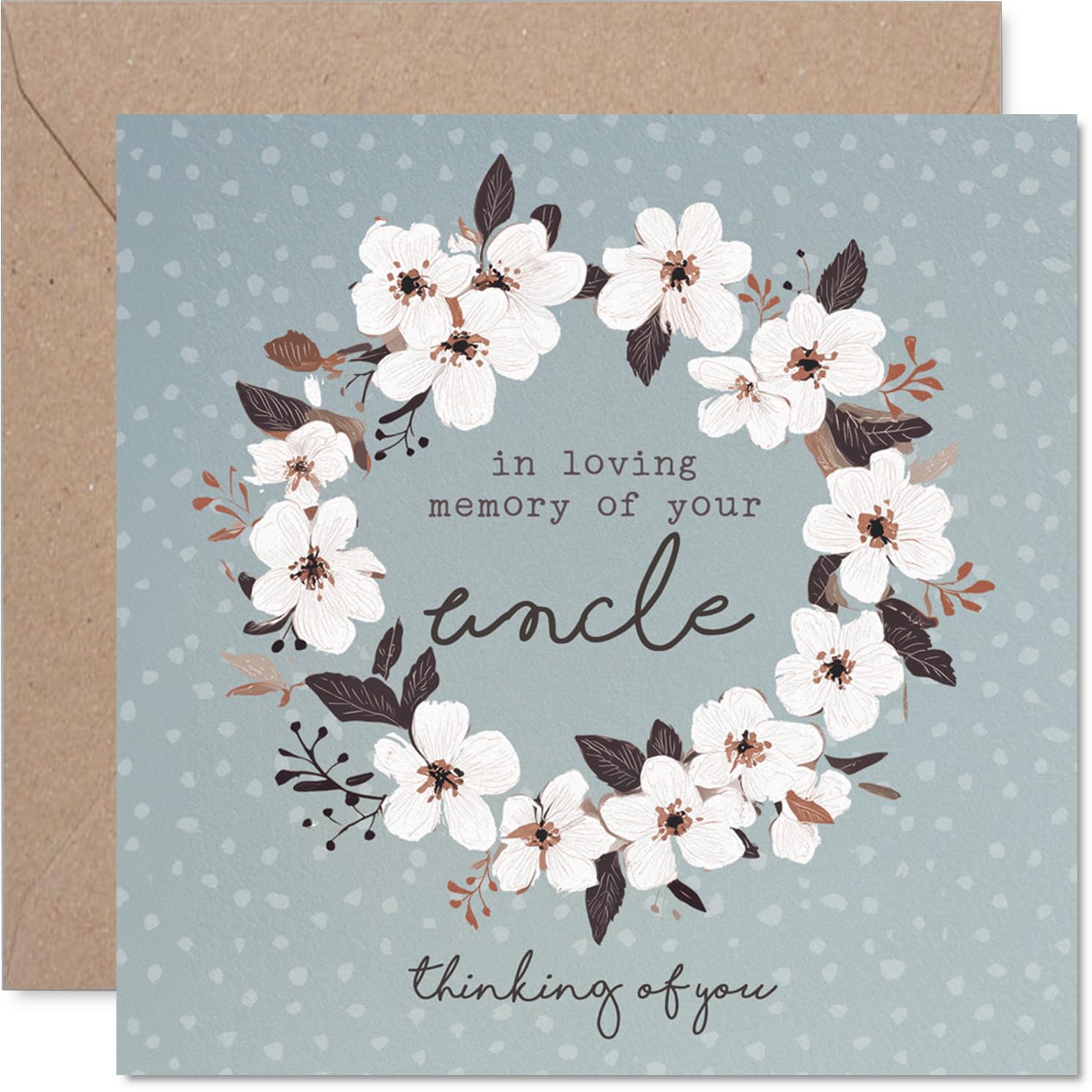 Sympathy Card - Loss of Uncle - Gentle Comfort in Difficult Times - White Floral Wreath on Soft Blue - 145mm Square, Envelope Included