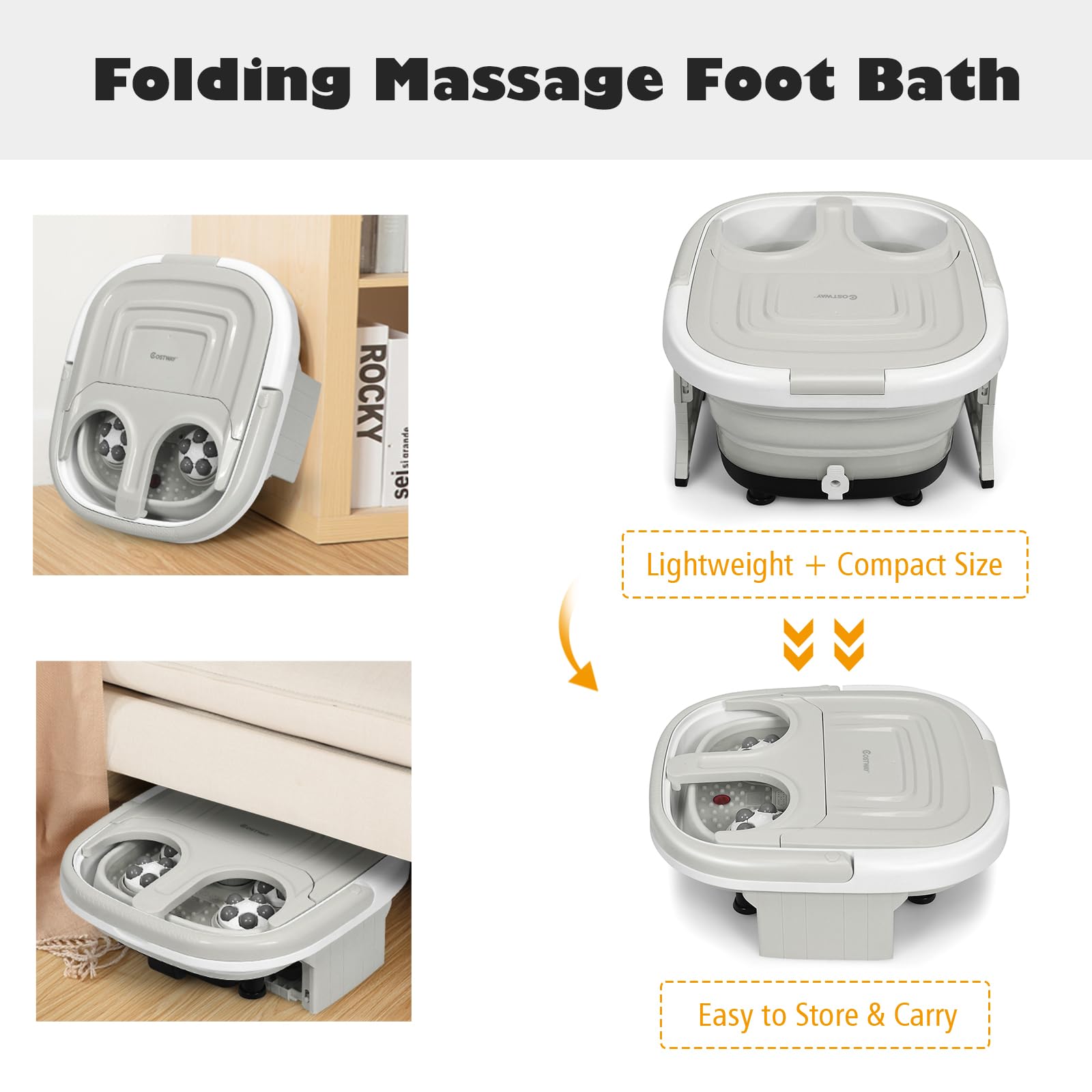 HOMASIS Fußbad, faltbar, elektrisch, Massage, Fußmassagegerät mit Massagerollen & Blasenmassage, Fußbad mit Timer & Fernbedienung, grau/blau (Grau)