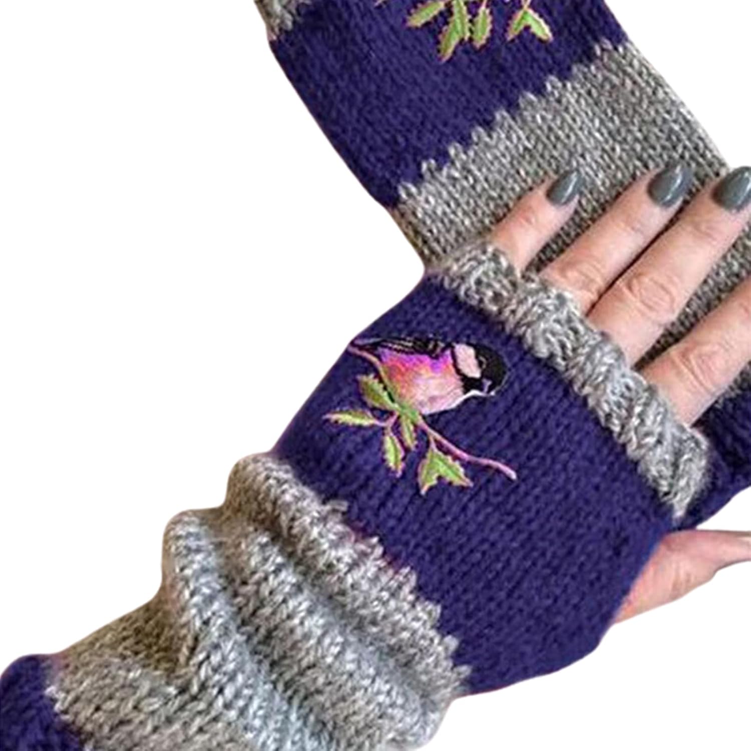 Women Knitted Gloves, Autumn Winter Warm Gloves, Bird Embroidered Knit Fingerless Color Block Stretchy Mitten