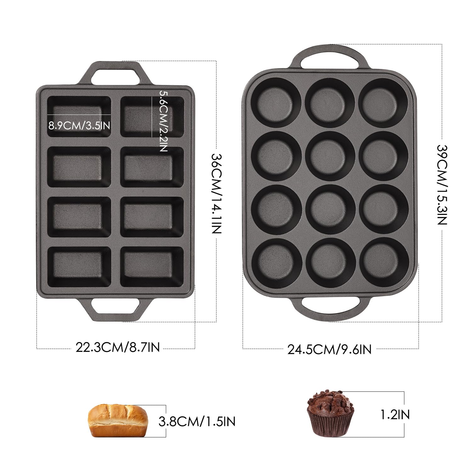 Flavehc Gusseisen-Muffinformen für 12 Tassen und Mini-Kastenformen aus Gusseisen, 8 Mulden, normale Größe, Cupcake-Form, vorgebrannte Kastenformen zum Backen