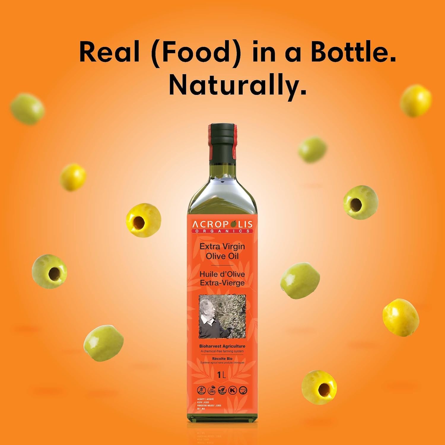 Acropolis Organics Extra Virgin Olive Oil Bioharvest Farming, 1L (Pack of 1)- Polyphenols Rich, Subtle Peppery Finish, Premium Harvest, First Cold Pressed, Single Sourced, Family Made in Crete, Greece. Unrefined, Raw, Bottled on Site. Single Olive Variety (Koroneiki).