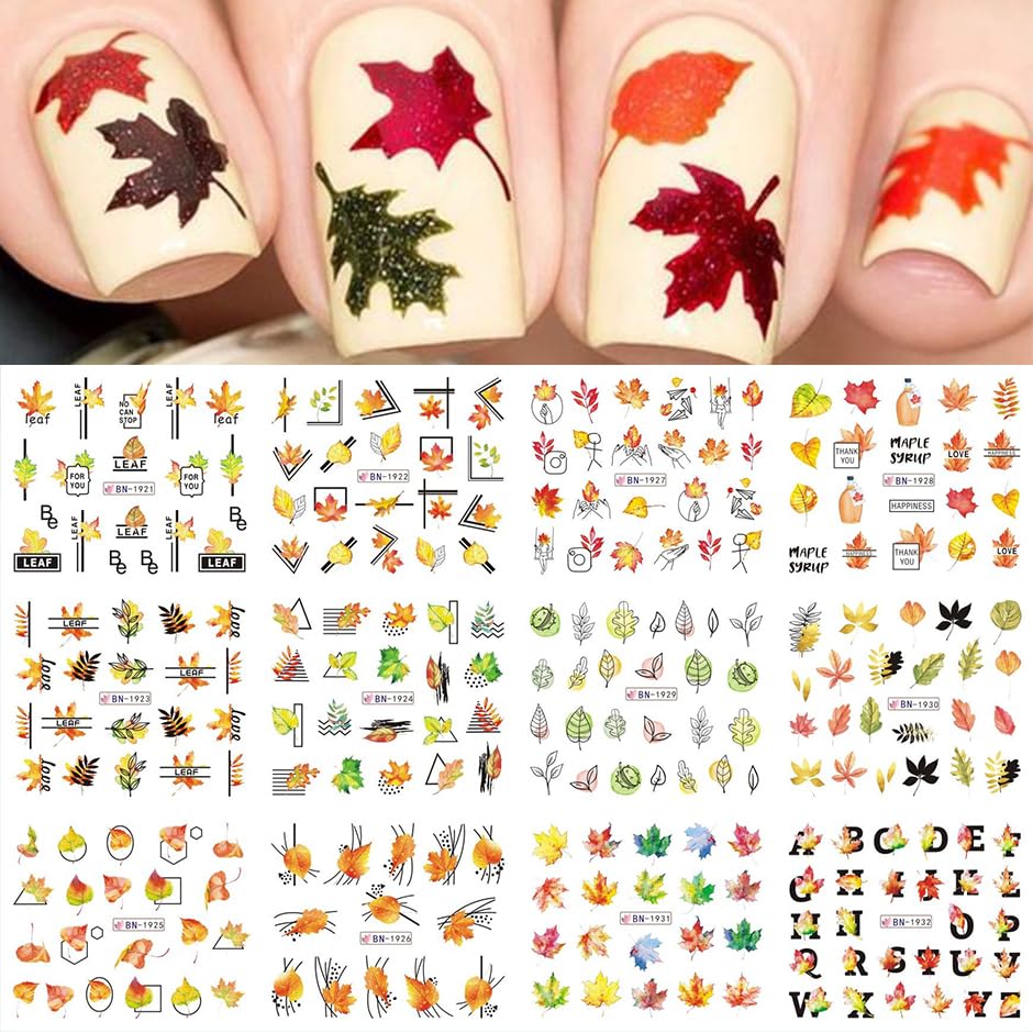 Calcomanías de arte de uñas de hojas de otoño, hojas de arce, calcomanías de transferencia de agua, suministros de arte de uñas, 36 piezas de hojas