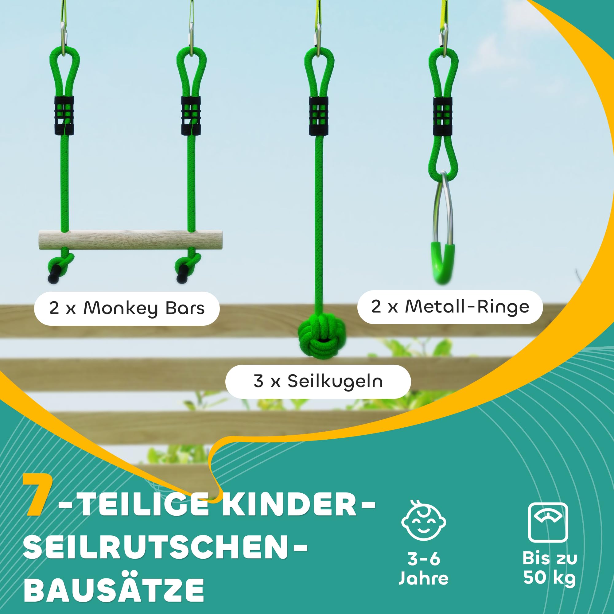 AIYAPLAY Seilrutsche Kinder 10 m Seilbahn Set für Kinder Outdoor Slackline mit 2 Turnringe, 2 Kletterstangen und 3 Spinnerräder, Backyard Zip Line Kit für Hinterhof Garten