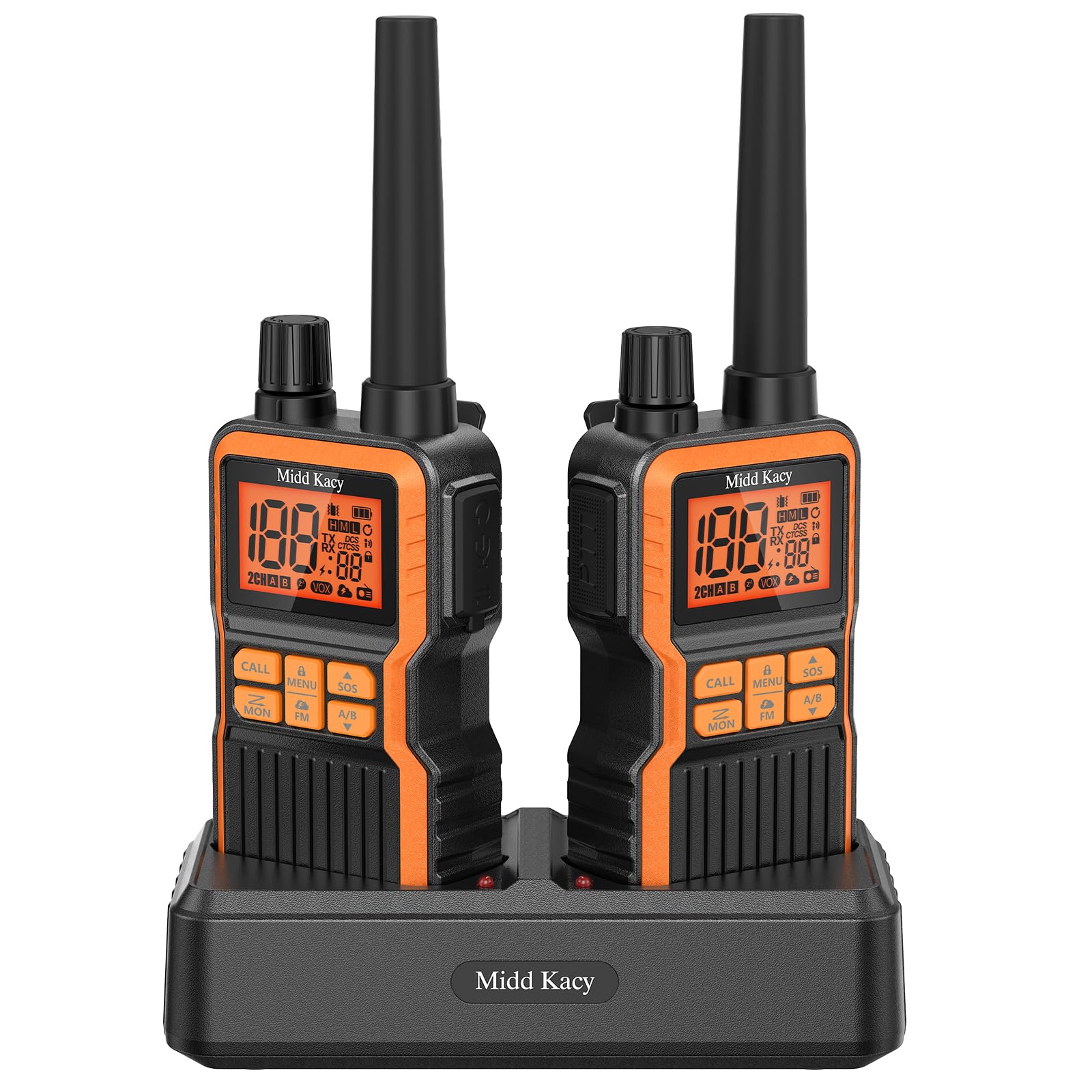 Midd Kacy Walkie Talkies,2 Way Radio Long Range,60 Channel GMRS Radio with 121 Privacy Codes,IP55 Waterproof,SOS,NOAA Weather Alerts,VOX,Dual Watch(Black/Orange,2 Pack)