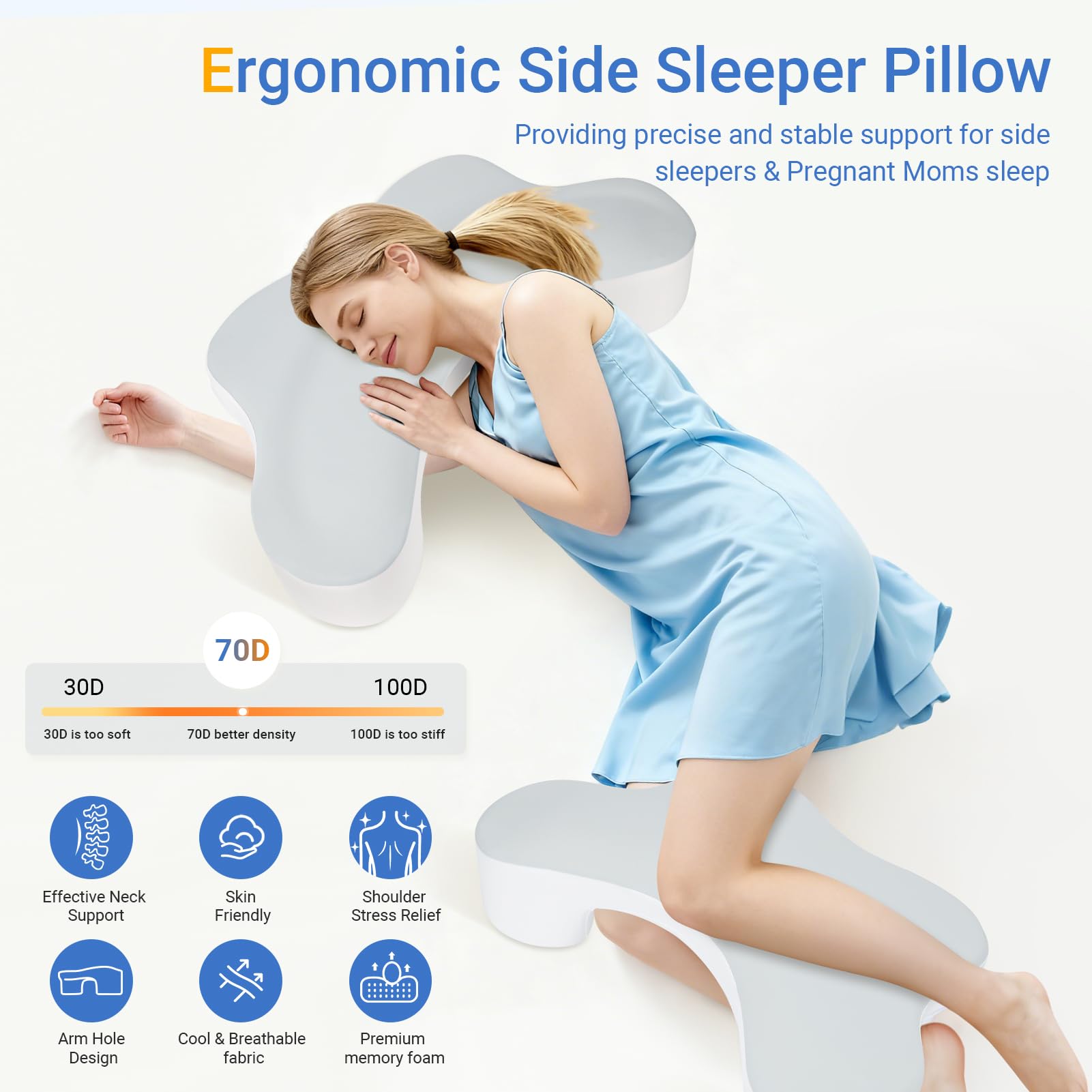 Side Sleeper Pillows with Arm Holes- Memory Foam Shoulder Pillow for Side Sleepers Neck Support & Rotator Cuff Pain Relief, 2PCS Pillowcase, Ergonomic Knee, Leg, Arm Pillow for Adults (Light Grey) — view 2