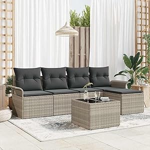 Gecheer Conjunto de Sofá de Jardín de 6 Piezas con Cojines Gris Rattan Poliéster, Sofá de Jardín de 2 Plazas con Almacenamiento y Cojines Gris Claro Rattan Poliéster Modelo LYKLYD-3354001ES