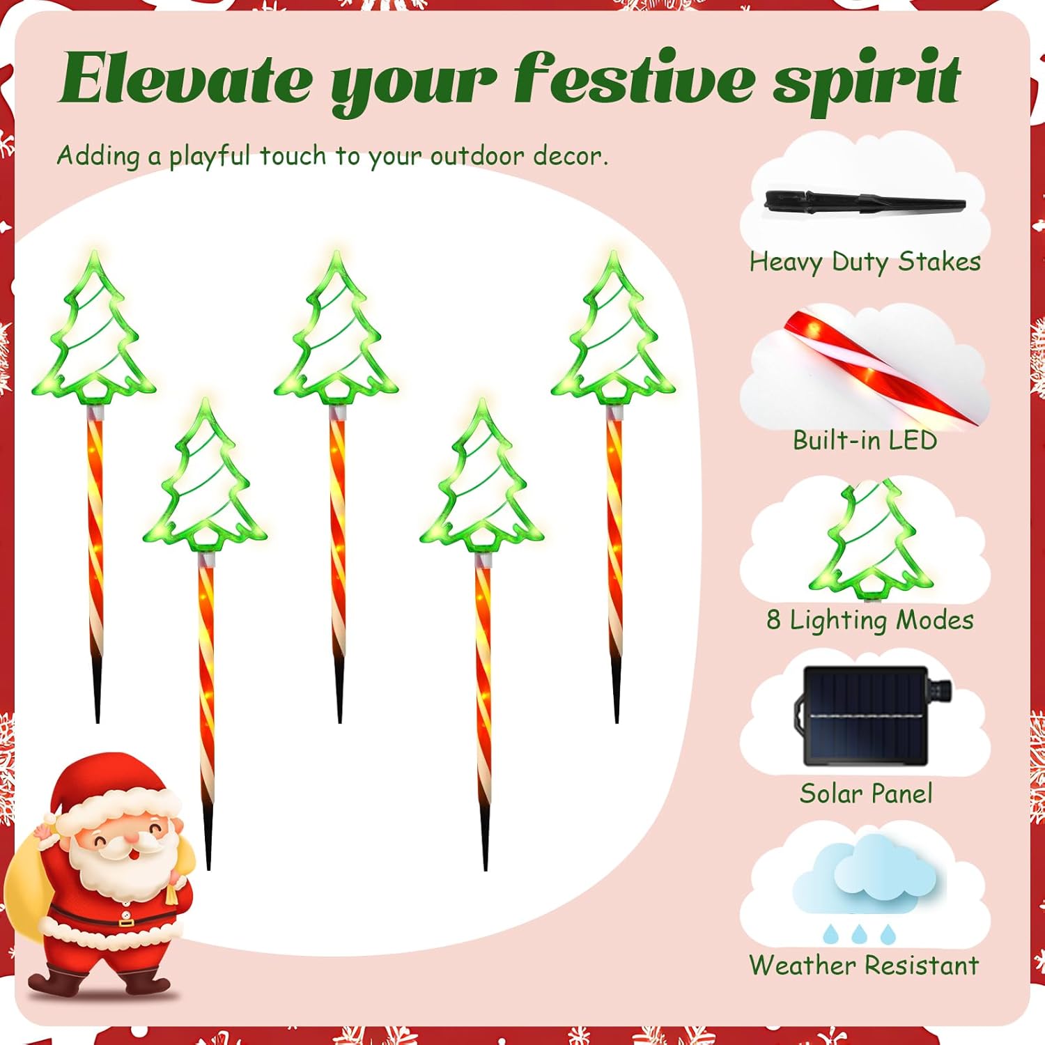 Garden Christmas Decorations Pathway Outdoor Solar Lights, 27 inches Lighted Xmas Tree Solar Christmas Lights with 8 Modes Waterproof String Lights, Outdoor Lights for Yard Patio Walkway-5PCS