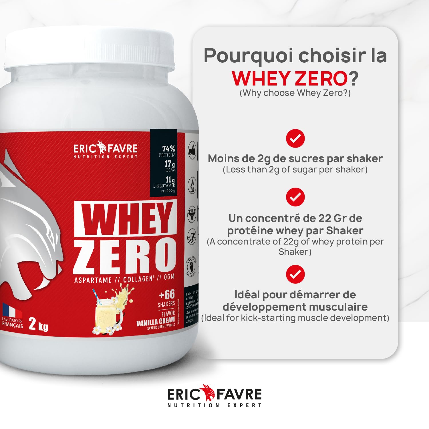 WHEY ZERO +74% de Protéine Whey Concentrée, Faible en Sucre, Construction/Récupération Musculaire - 2kg - Saveur Chocolat - Eric Favre