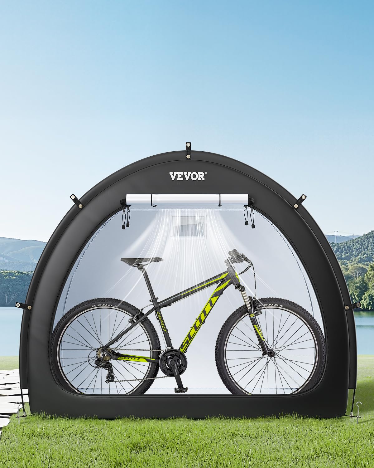 VEVOR Fahrradzelt, 4 bis 5 Fahrräder, geräumige Fahhrradgarage mit belüftetem Fenster, fächerförmige Fahrradschuppe mit hochfestem Fiberglas & Doppelreißverschlüssen, 2190x1550x1730 mm