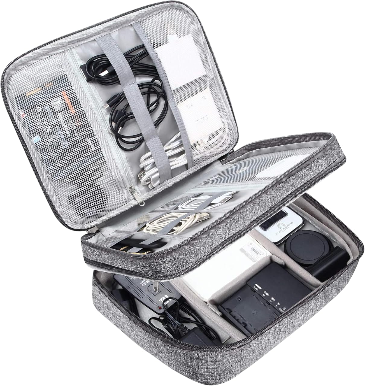 Double Layer Electronics Accessories Organizer Bag Portable Zippered Gadget Organizer Case for HDD Power Bank USB Cables Power Adapters and Small Electronic Items Grey-image-48