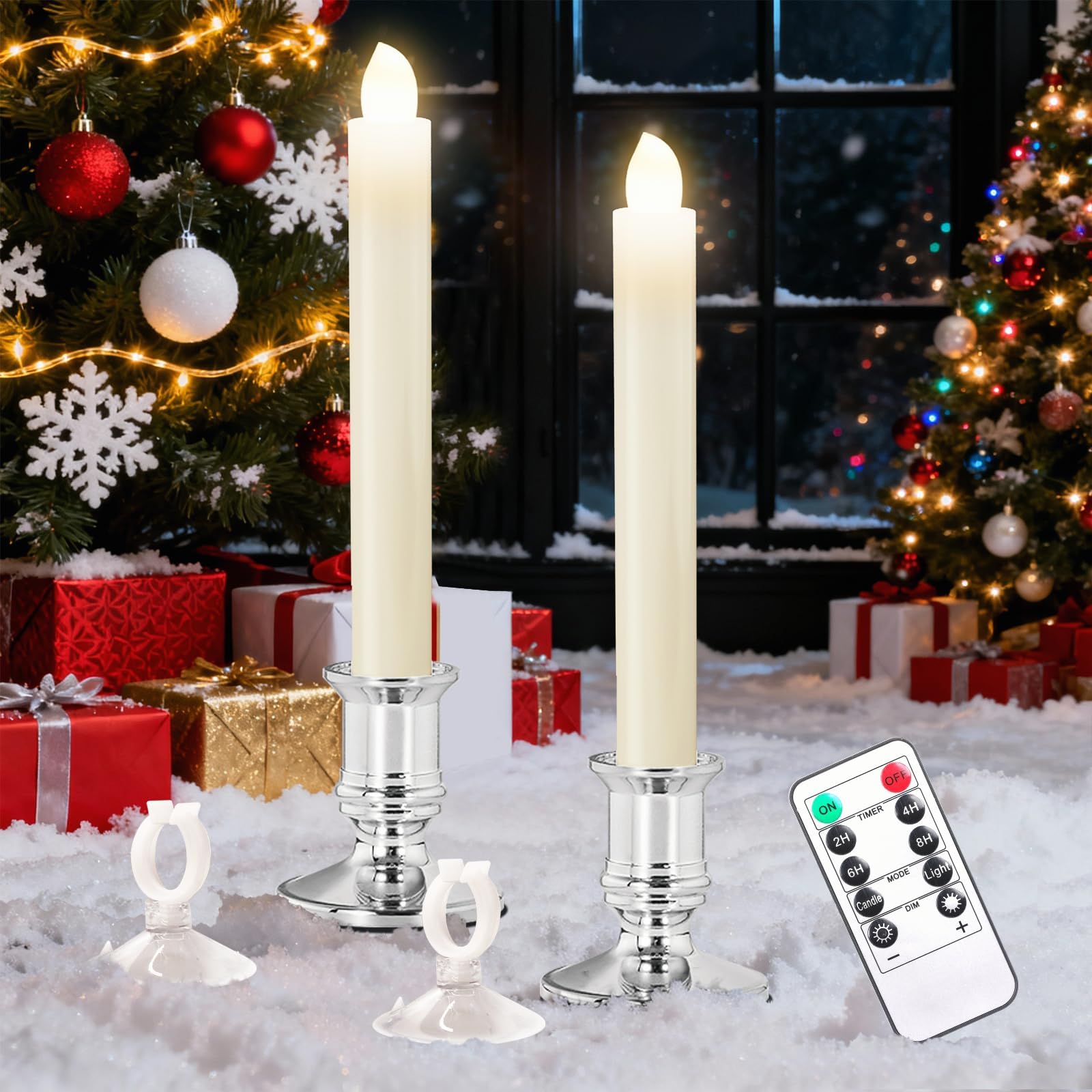 Verdenu 2 Pack Christmas Window Candles with Timer Remote, Battery Operated Window Candles Flameless Taper Candle Electric LED Candle with Holder/Suction Cups for Christmas Decorations, Silver