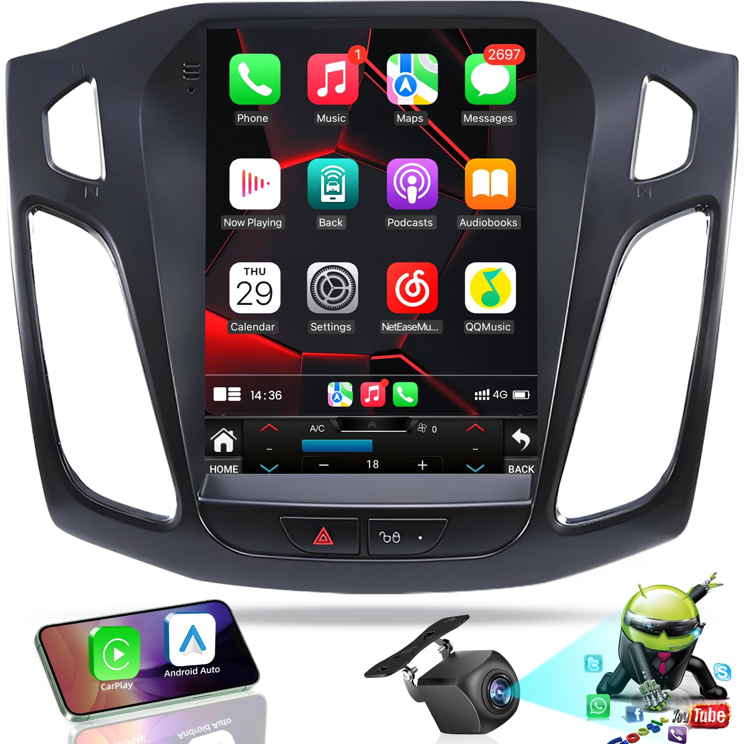 Fortdows 10.4 Inch Android 12 Car Stereo for Ford Focus 2012-2018