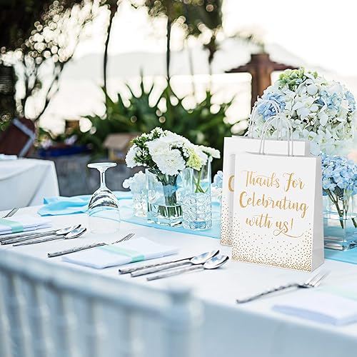 Miniatura 5 de 45 bolsas de bienvenida de boda para invitados de hotel, regalo de boda de lámina dorada con asas, gracias por celebrar con nosotros, bolsas de