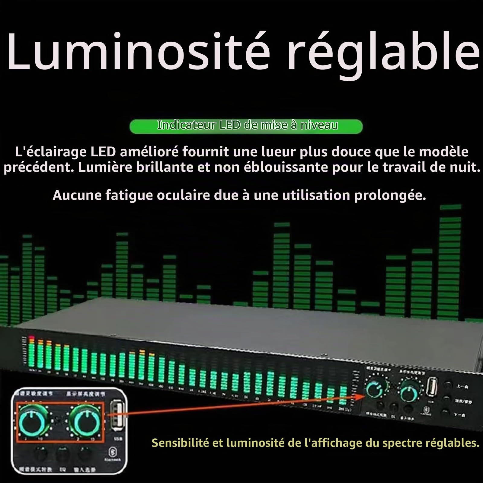 Égaliseur Numérique 31 Bandes, Égaliseur Audio Graphique Stéréo, avec 21 Effets Préréglés, Réglage des Graves/médiums/aigus, Réduction Automatique du Bruit, Montage en Rack 1U