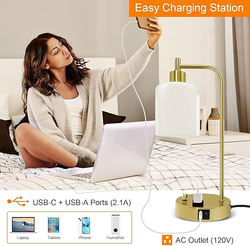 Miniatura 4 de GLITI Lámpara de mesa industrial, lámpara de escritorio dorada regulable continua con 2 puertos USB y toma de corriente alterna, pantalla de vidrio