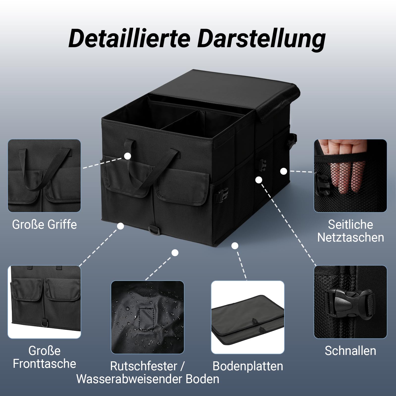 Kofferraum Organizer mit Deckel, Kofferraumtasche Faltbar & Rutschfest, Auto Aufbewahrungsbox Stabiler Auto Organizer für SUV, Kombi & PKW, Oxford Gewebe Autozubehör, Schwarz