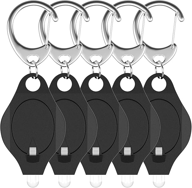 Uniclife Mini LED Keychain Flashlight 12 Lumen Portable Ultra Bright Battery Powered Black Torch with Spring Carabiner for Outdoor Camping Hiking and Emergency Lighting (Batteries Included), 5 Pack