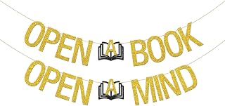 INNORU Open a Book Open a Mind Banner, School Classroom and Library Sign Decorations, Read More Books, World Book Day Party Decorations Gold Glitter
