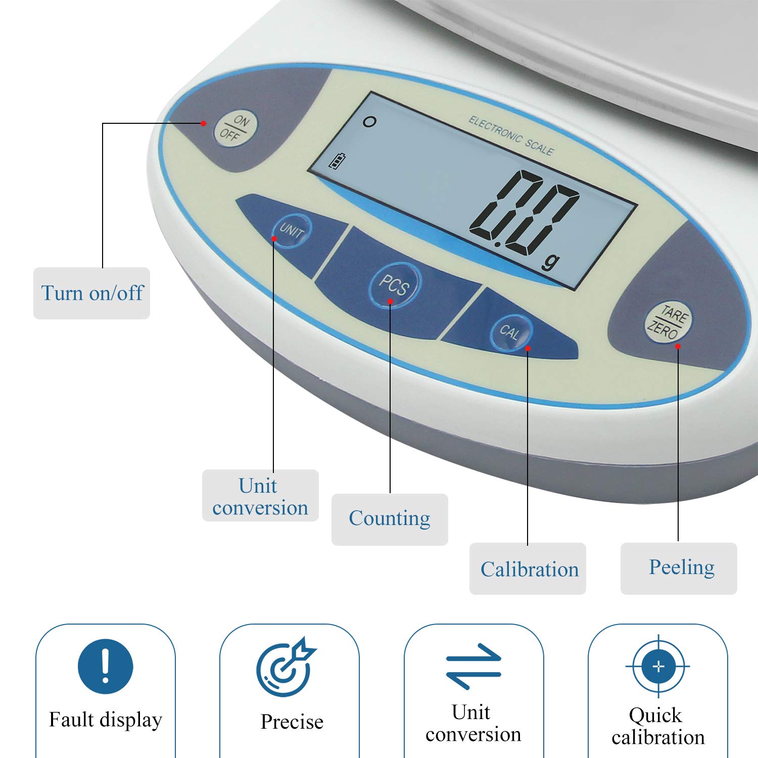 Bonvoisin Balanza Electrónica Analítica Bascúla de Laboratorio 0.1g Precisión Amplio Rango de Pesaje Balanza de Cocina Digital Balanza Escala de Oro (30kg, 0.1g)