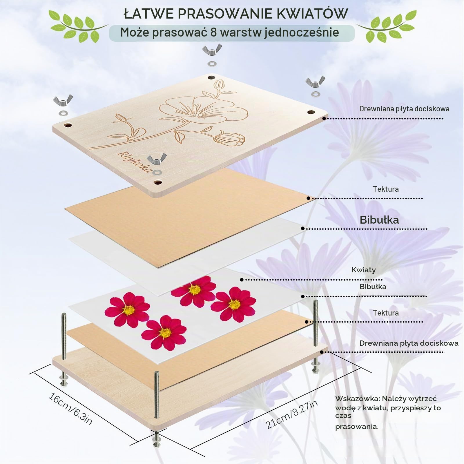 Profesjonalna prasa do kwiatów, 8 warstw, 16 x 21 cm, zestaw do wyciskania kwiatów, drewniane liście, zestaw do prasowania kwiatów dla dzieci, dorosłych, z jasną instrukcją, miły prezent dla