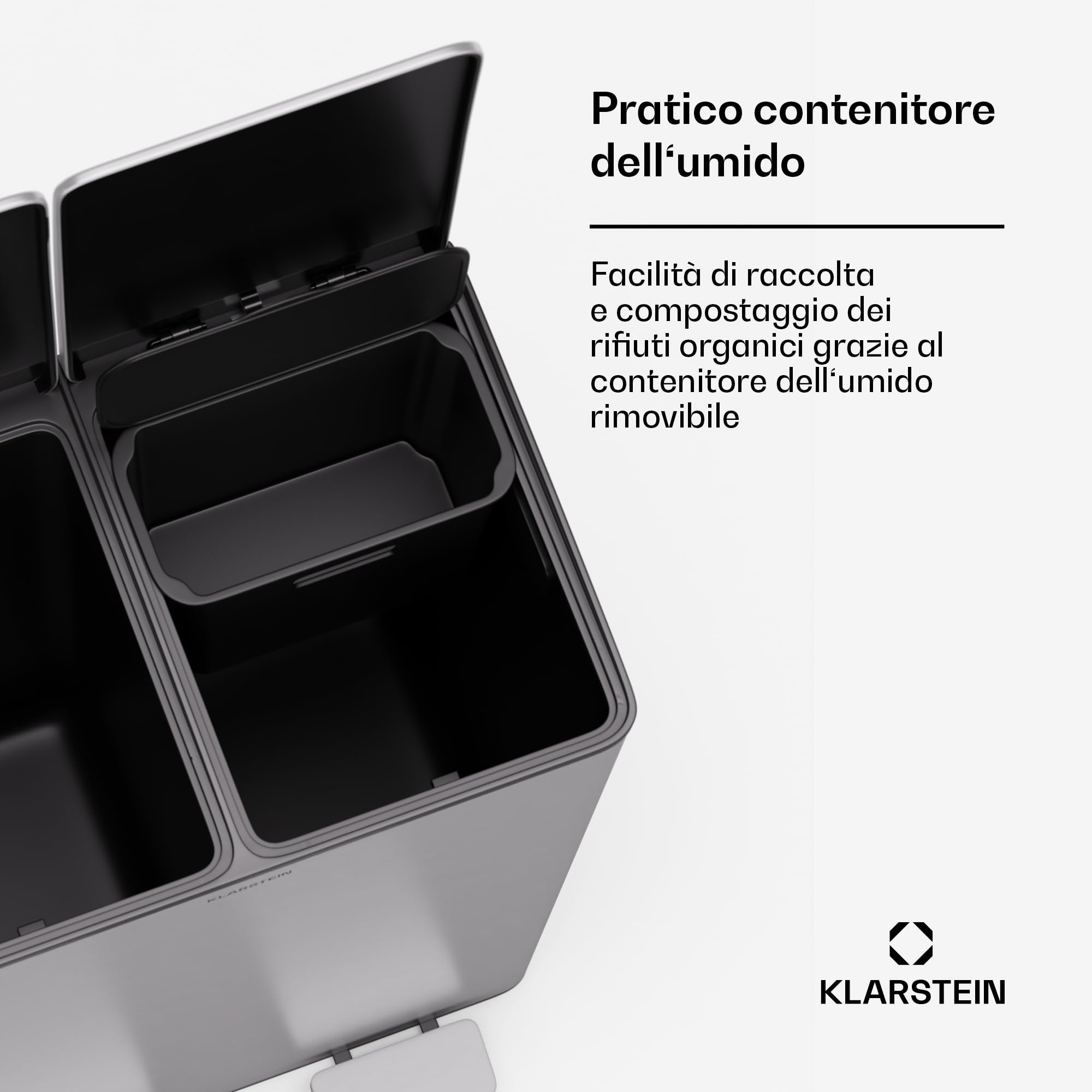 Klarstein - Moderno contenitore per rifiuti da cucina da 60 L (2x30 L) con comodo contenitore per compost estraibile da 3L, tecnologia soft-close-elegante contenitore per pannolini e rifiuti da cucina