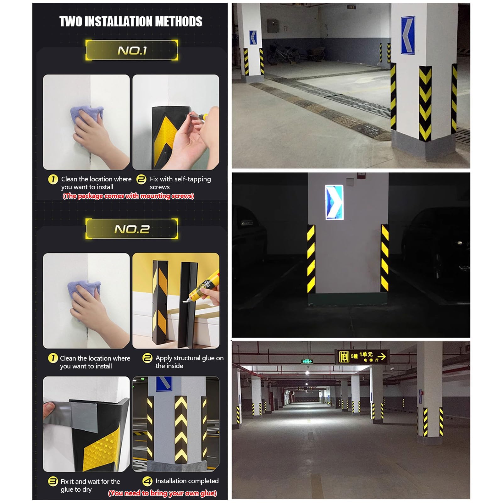 Protección Pared Garaje Protector Esquina En Forma L 2 Artículos Protector Columna Parking Reflectante Material De Caucho Protector Parking con Tornillos De Montaje(150x10x1cm(2pcs))