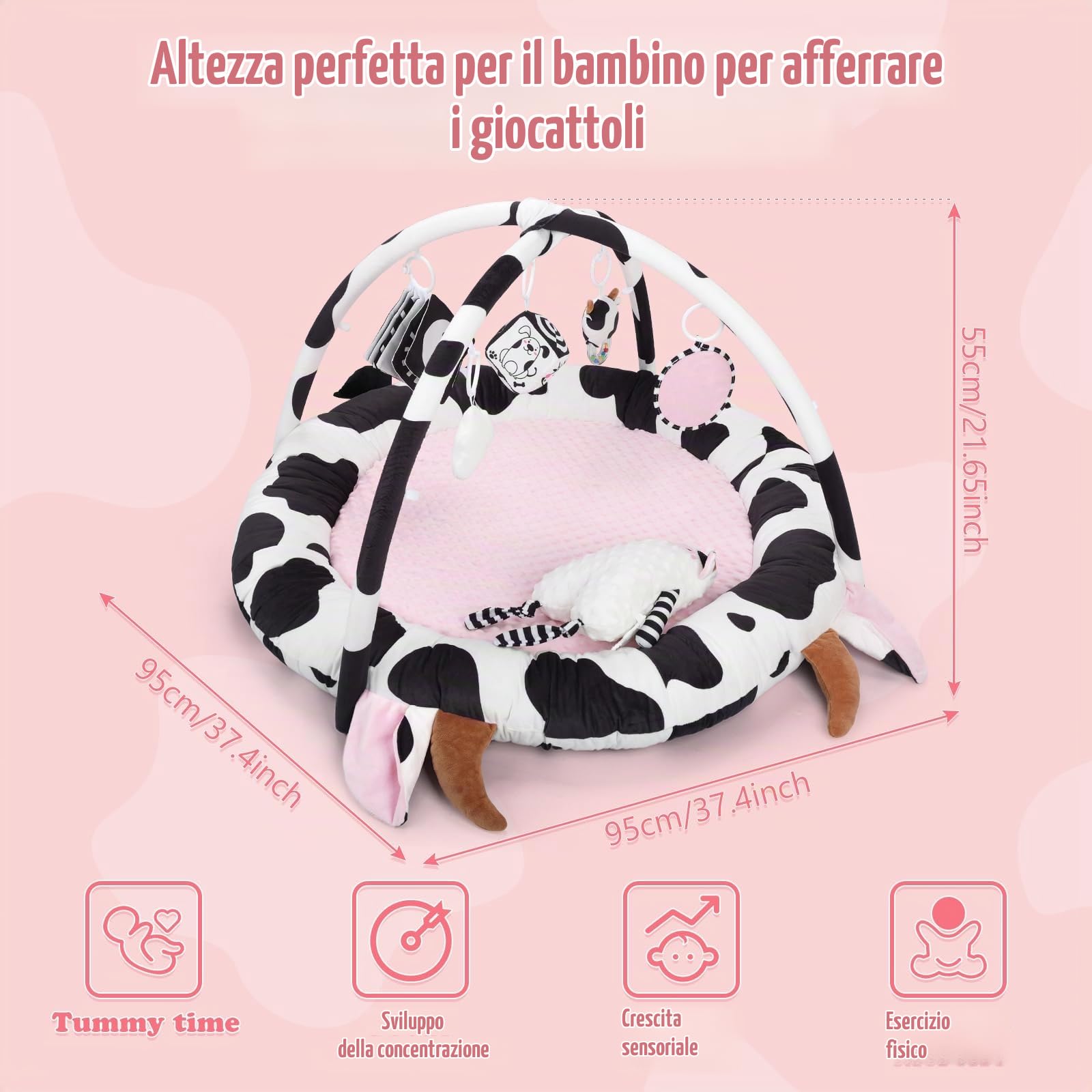 Palestrina Neonate,Vacca Tappeto Gioco Neonate, 3in1 Antiscivolo Addensato | Tappetino per Attività Sensoriali,Arco Di Gioco,6 Giocattoli Rimovibili,Regalo Neonate,0-3-6-9-12 Mesi