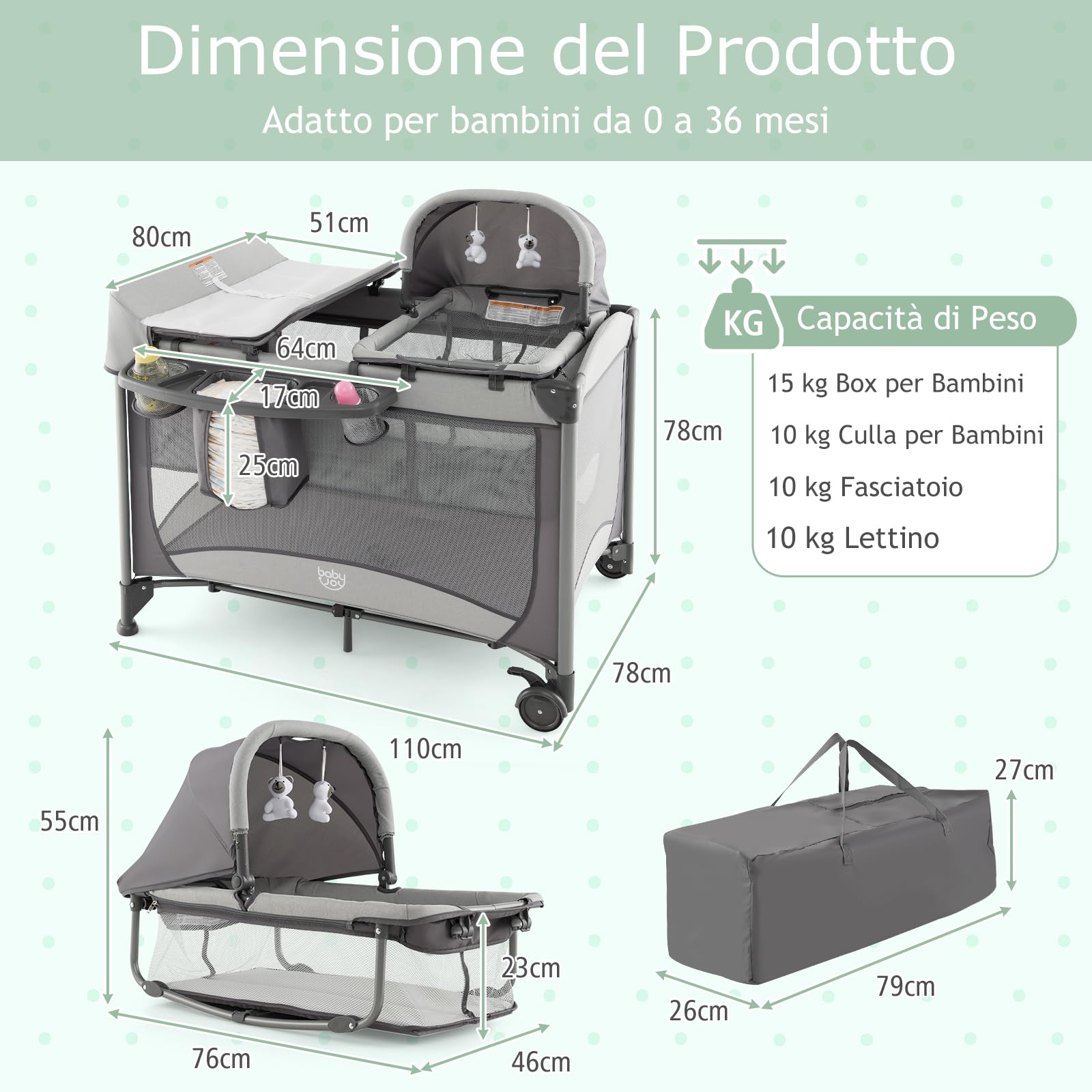 RELAX4LIFE 5-in-1 Lettino da Campeggio per Bambini, Culla Neonato Fianco Letto, Lettino Neonato con Materasso, Ruote Bloccabili e Borsa per il Trasporto, per Bambini 0-36 Mesi (Grigio)