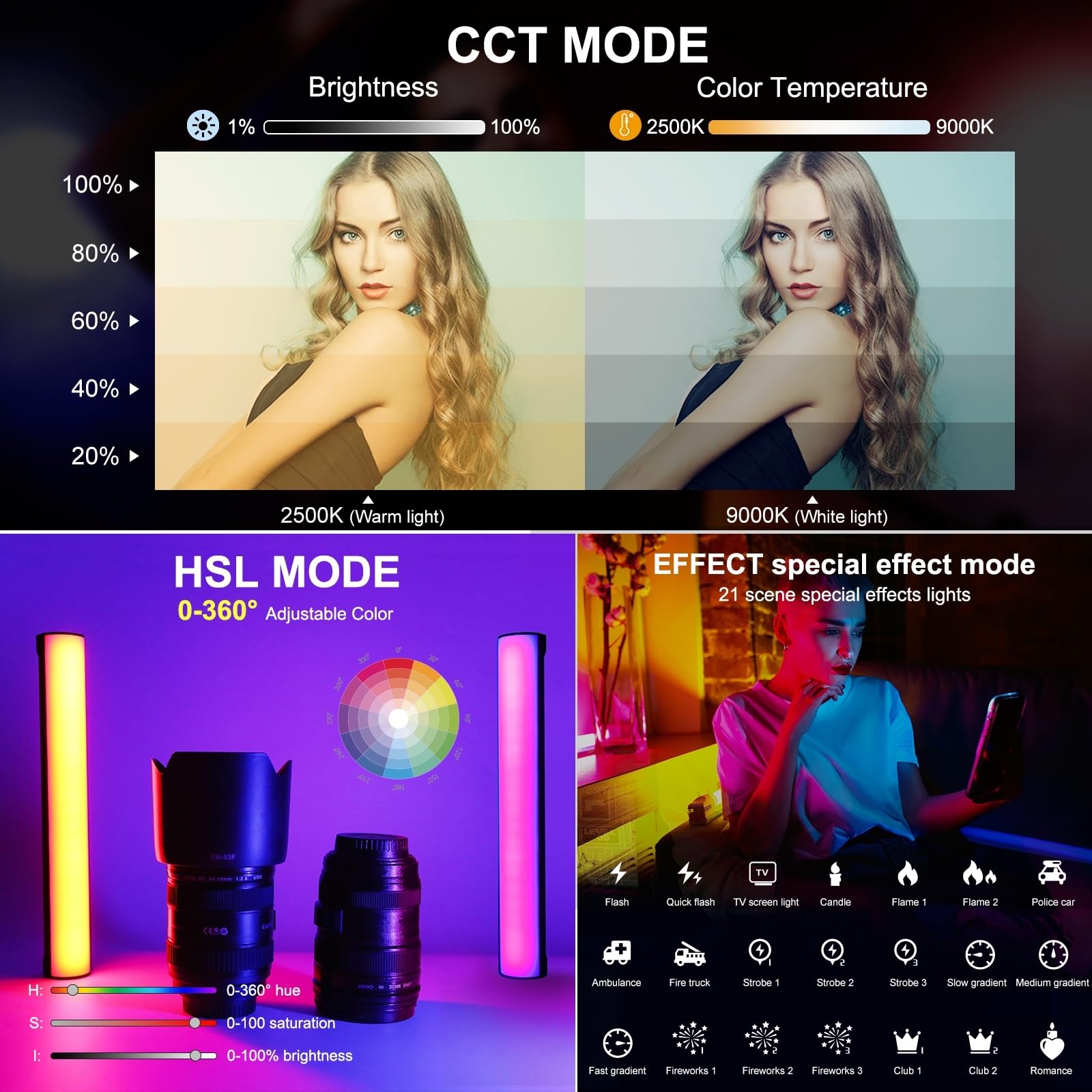 KIMISS Lumineuse de Studio RVB, Tube Lumineux LED Portable pour Photographie et Enregistrement Vidéo, Magnétique, 21 Effets D'éclairage, Batterie Rechargeable, Compatible Trépied