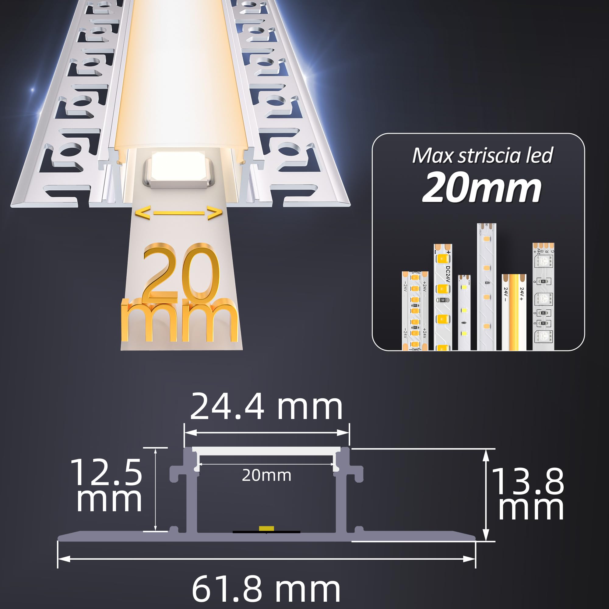 16 perfiles LED para azulejos de 2 m, perfil LED para paneles de yeso, 2 m, perfil de aluminio, empotrable, canal y difusor para iluminación indirecta de techo