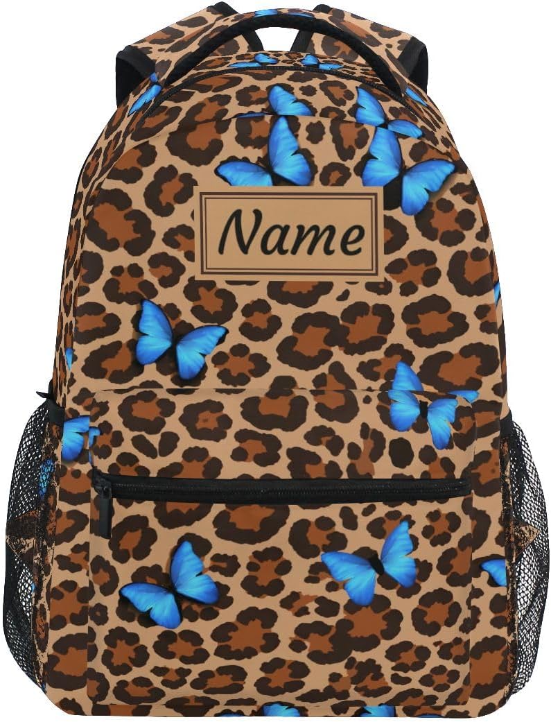 Blue Butterfly Leopard Cheetah Print Custom School Backpack for Boys Girls, Personalized Name Elementary School Bookbag Travel Bag Daypack