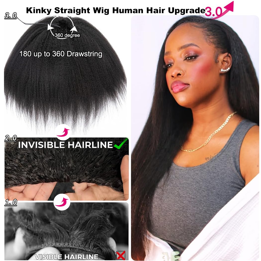 Kinky Straight Half Wig Human Hair 200 Density 3 In 1 Seamless Flip Over Half Wigs Human Hair Glueless Wear and Go Beginner Friendly Kinky Straight Human Hair Drawstring Headband Wig for Women 20 Inch - Image 2
