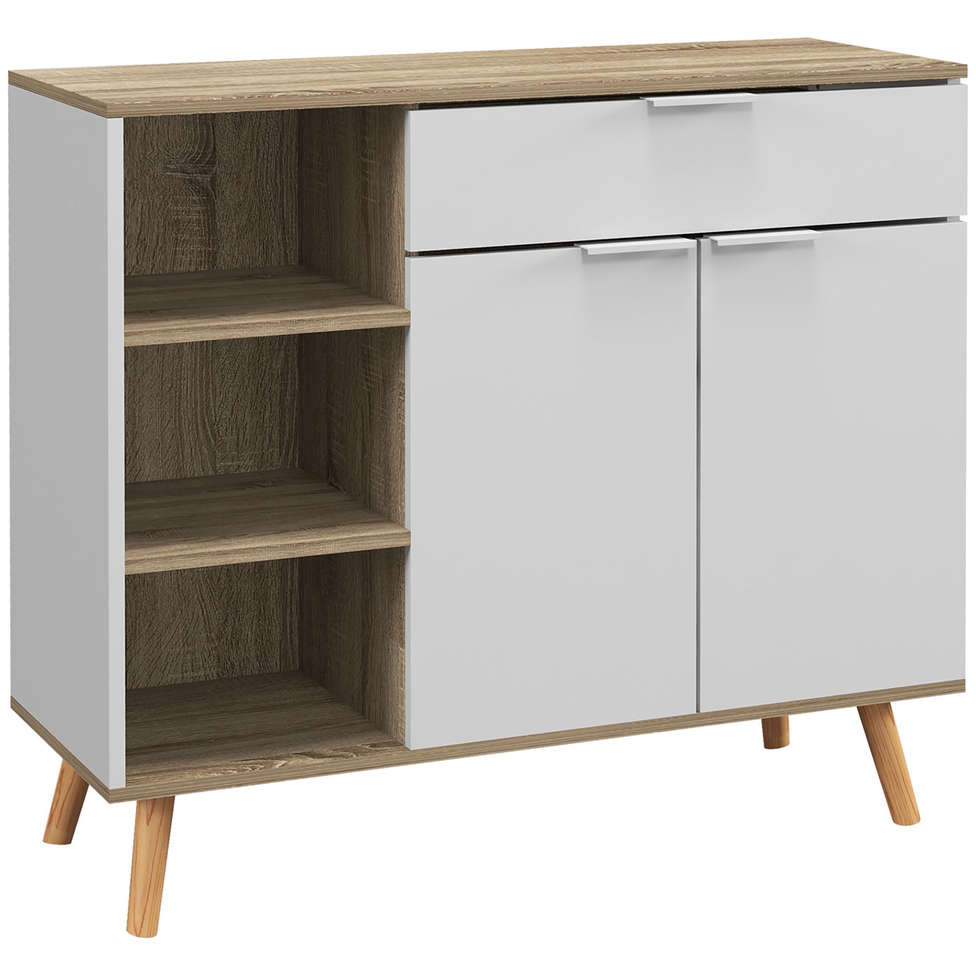 HOMCOM Aparador de Salón Moderno Aparador de Cocina con 1 Cajón 2 Puertas de Cierre Suave y Estantes Ajustables para Comedor Pasillo Dormitorio 95x35x85 cm Blanco y Natural