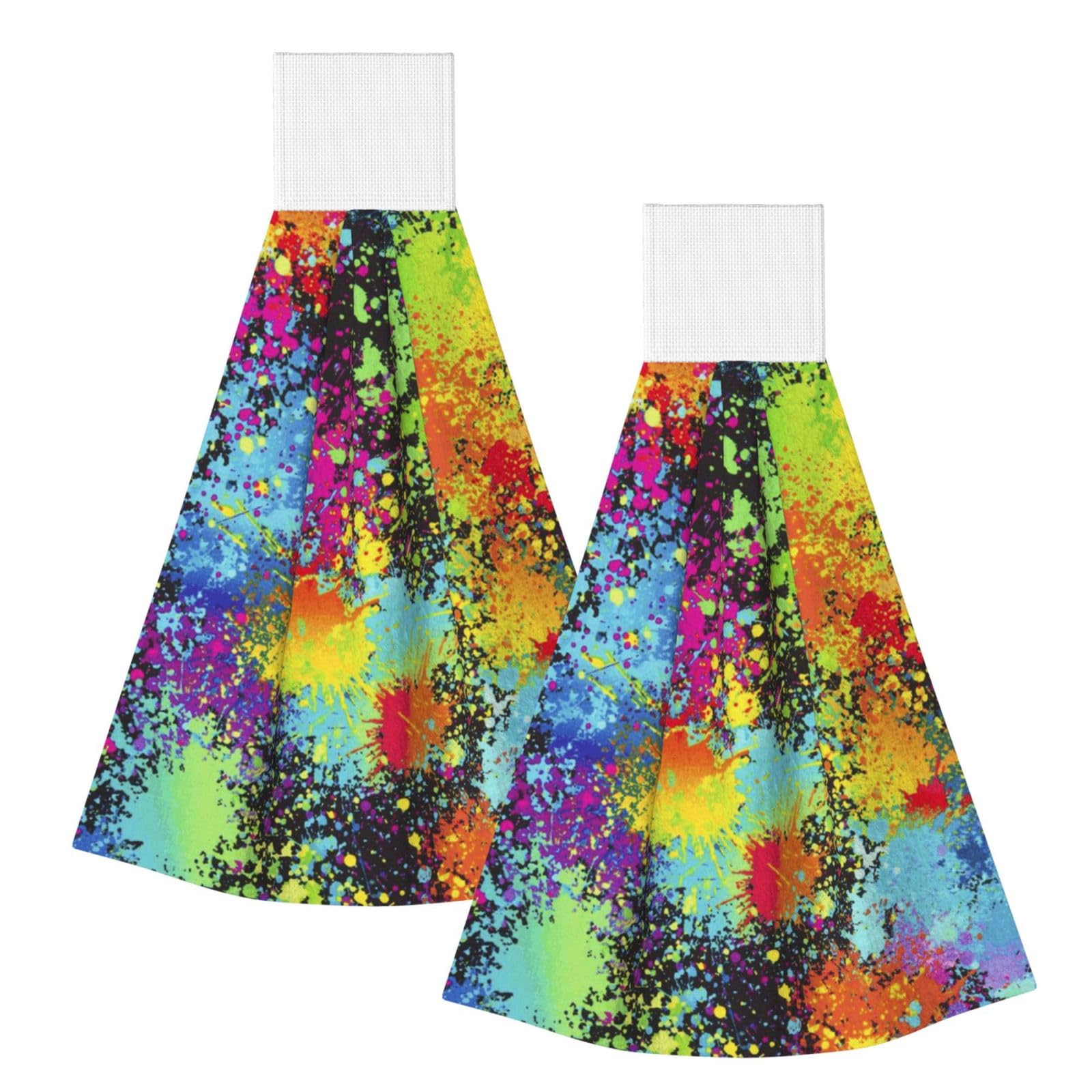 DOPKLNA Rainbow Of Neon Paint Splatters, 2 Pcs Hanging Coral Fiber Hand Towels for Bathroom, Absorbent Kitchen Towels