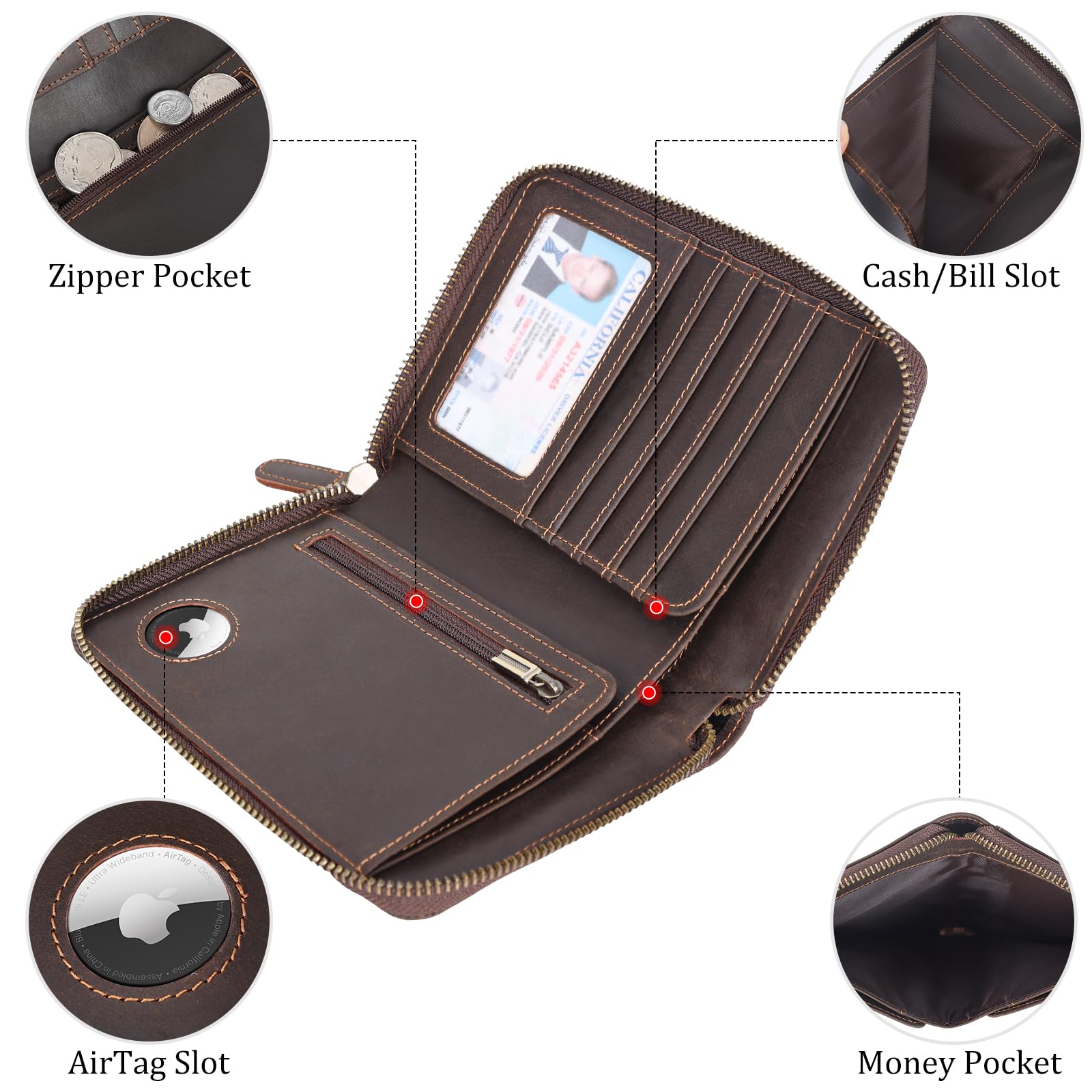 Polare - Cartera de Viaje de Piel Completa con Cremallera YKK y Bloqueo RFID para 2 pasaportes, marrón Oscuro con Ranura AirTag, Vintage