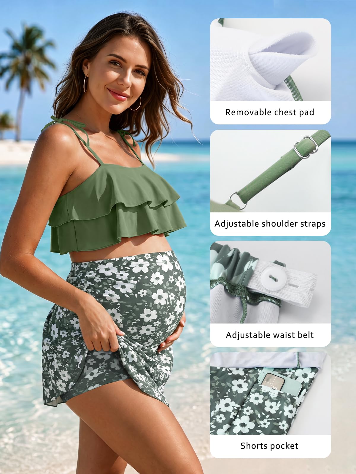SHEKINI Conjunto de bikini de maternidad, traje de baño Ruffle para embarazo, correas para los hombros, traje de baño de dos piezas, bikini de maternidad, elegante