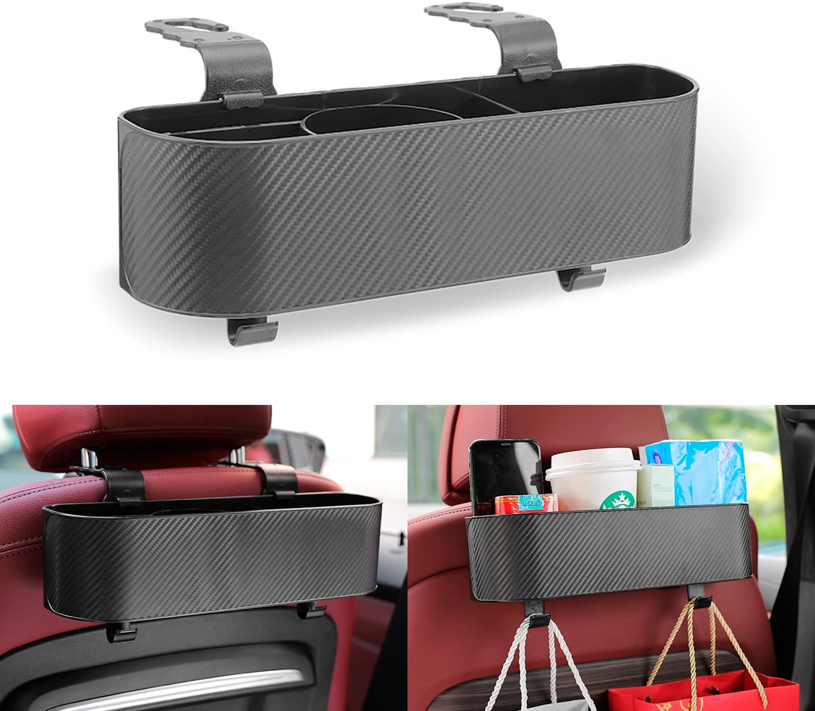 Pack-1 Hanging Seat Organizer, 11.6" x 3.1" x 3" Multifunctional Waterproof Storage Shelf with Hooks, Large Capacity Carbon Fiber Storage Box for Most Cars SUVs and Trucks (Black)